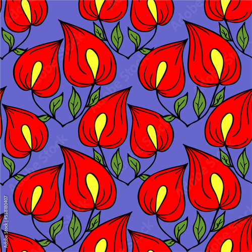 seamless symmetrical graphic pattern of red flowers on a blue background, texter, design