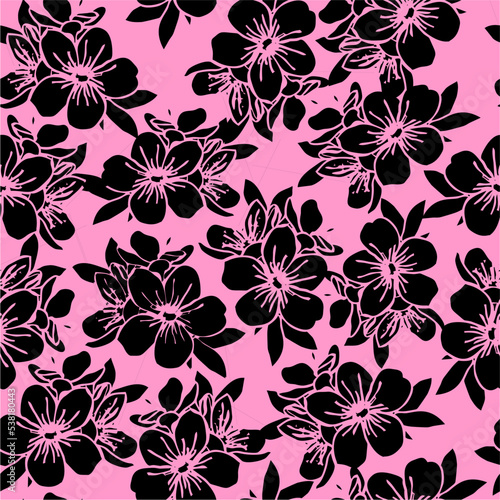 seamless floral pattern of black contour flowers on a pink background, texture, repeat pattern, design