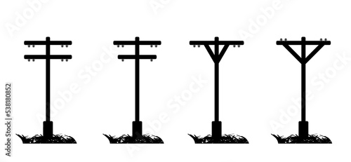 Tangent towers. High voltage pole, electric wires and telephone cable, wire line pylon, poles network. Broken electric pylons, power transmission line. Cartoon for socket, electricity cable, short 