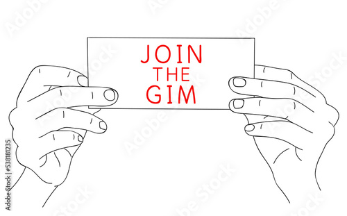 JOIN THE GYM. Message on paper about sports motivation and health lifestyle. Editable hand drawn contour. Sketch in minimalist style. Vector
