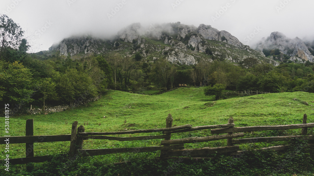 Beautiful landscape of the countryside with an old fence and the forest and mountains at the bottom