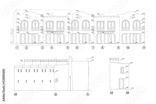 Two story building facade, detailed architectural technical drawing, vector blueprint