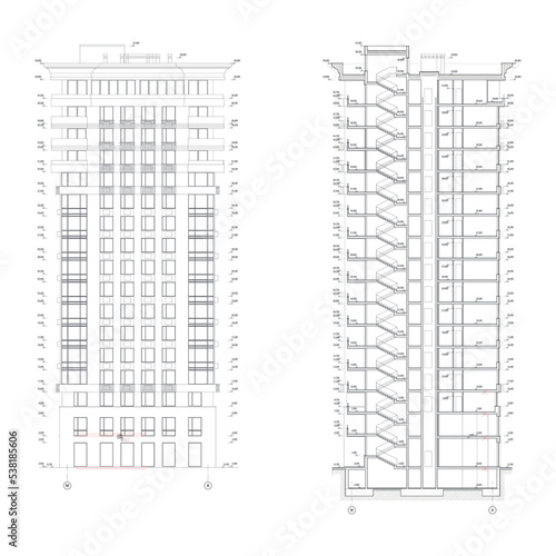 Multistory building section, detailed architectural technical drawing, vector blueprint
