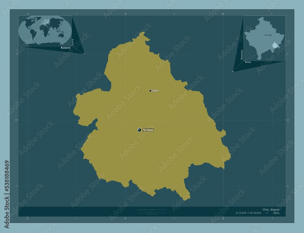 Vitia, Kosovo. Solid. Labelled points of cities