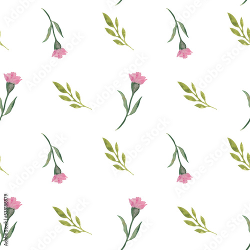 watercolor seamless pattern with green leaves and flowers, carnations. For printing on paper, packaging, textiles, brochures. Template for design. Rustic, botanical style. Leaf fall, autumn and spring