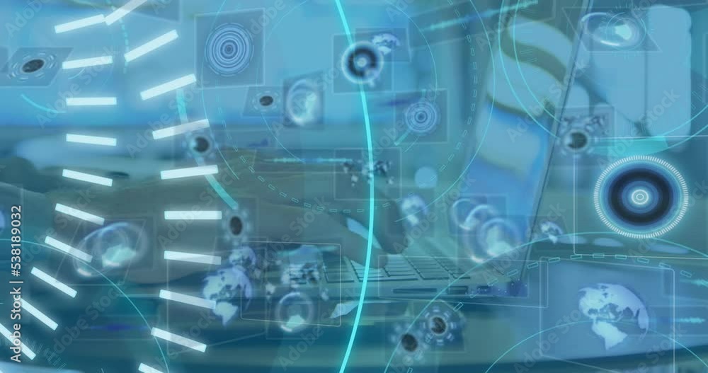 Animation of 5g text, round scanners and data processing over mid section of a man using smartphone Animation of 5g text, round scanners and data processing over mid section of a man using smartphone