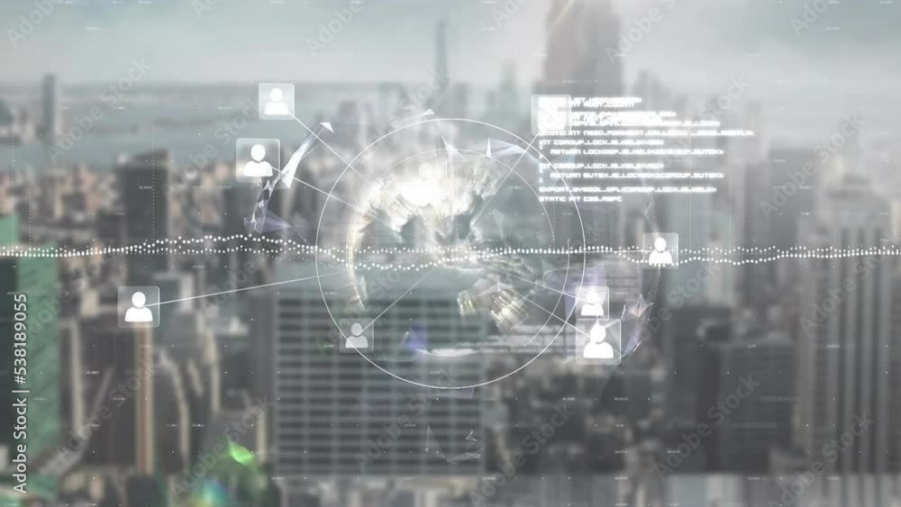 Animation of financial data processing over city Animation of financial data processing over city