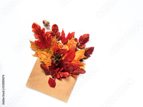 Dried leaves in an envelope on a light background  time of year autumn  autumn greeting.