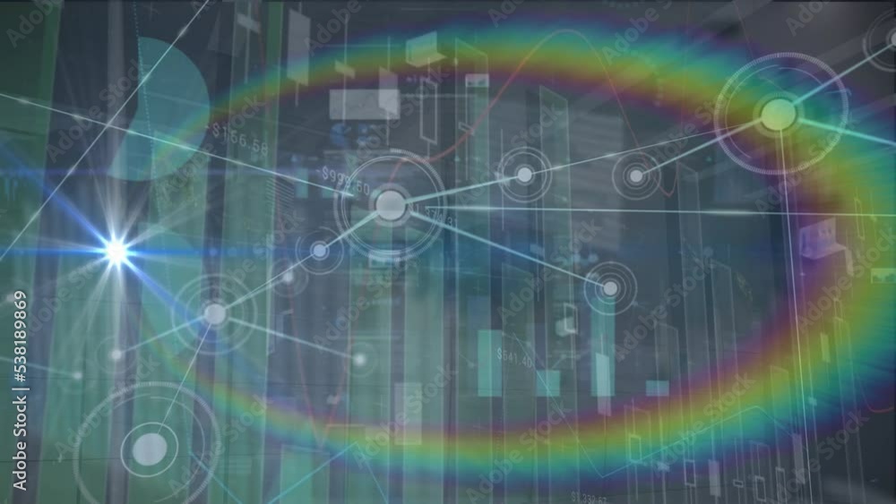 Animation of connections, light with halo and data processing on digital screen Animation of connections, light with halo and data processing on digital screen