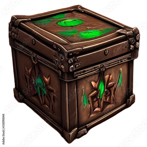 Game icons of wooden treasure chests, an emerald latch and a leather belt, runes on all sides isolated on white background