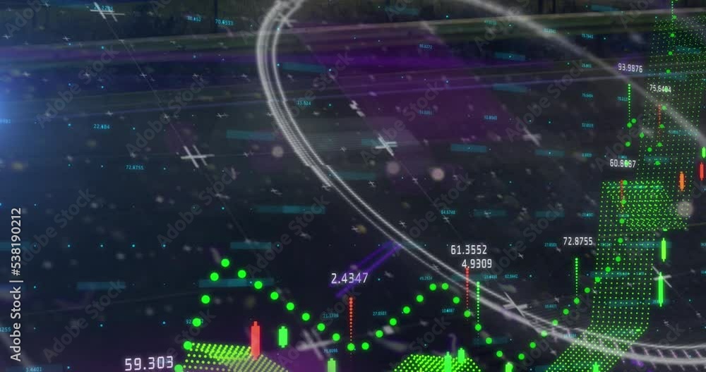 Animation of glitch, processing circle and financial graphs and data on black background Animation of glitch, processing circle and financial graphs and data on black background