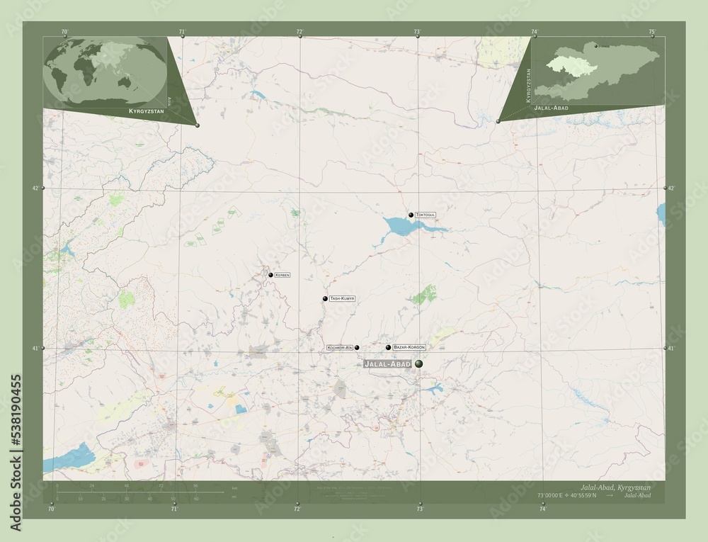 Obraz premium Jalal-Abad, Kyrgyzstan. OSM. Labelled points of cities