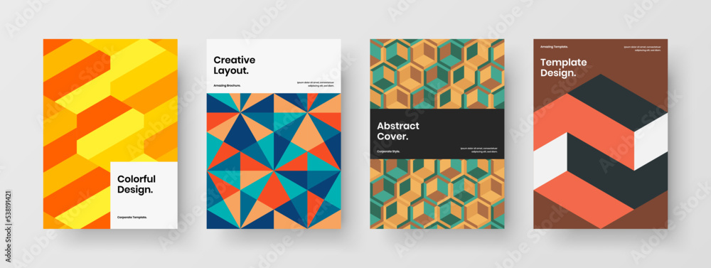Vivid corporate cover vector design illustration set. Multicolored mosaic shapes booklet template composition.