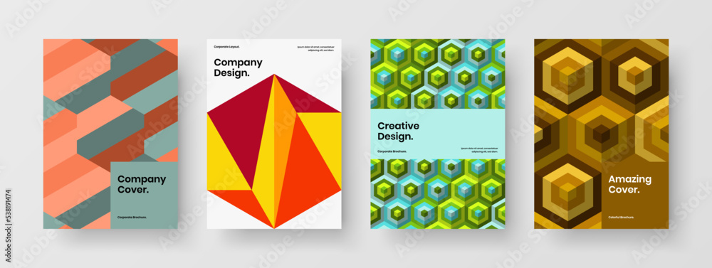 Fresh geometric tiles company cover template collection. Vivid annual report vector design concept bundle.