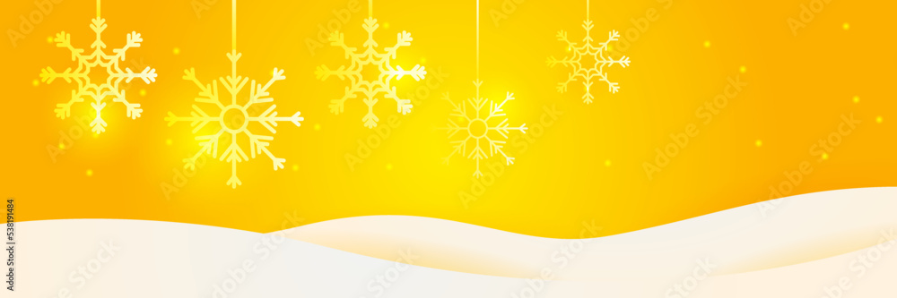 Christmas yellow orange background with snow and snowflake. Christmas card with snowflake border vector illustration Christmas yellow orange background with snow and snowflake. Christmas card with snowflake border vector illustration