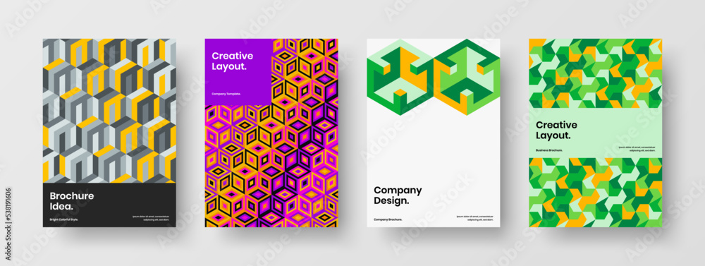 Abstract mosaic hexagons booklet illustration set. Amazing flyer A4 vector design layout bundle.