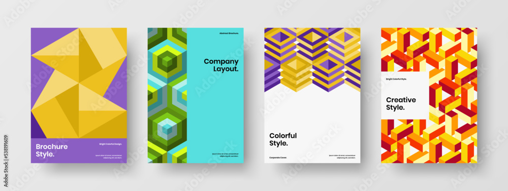 Simple geometric hexagons placard template bundle. Multicolored presentation A4 design vector concept set.