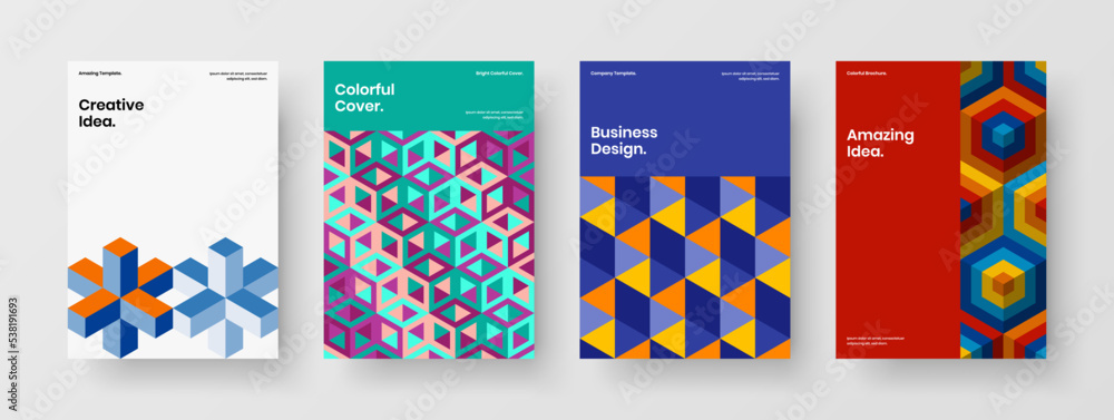 Fototapeta premium Trendy presentation A4 vector design layout composition. Abstract mosaic hexagons front page illustration set.