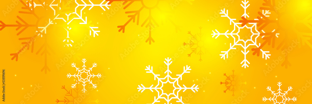 Fototapeta premium Christmas yellow orange background with snow and snowflake. Christmas card with snowflake border vector illustration