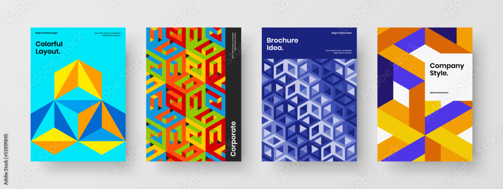 Bright front page A4 design vector concept bundle. Unique mosaic shapes brochure illustration set. Bright front page A4 design vector concept bundle. Unique mosaic shapes brochure illustration set.