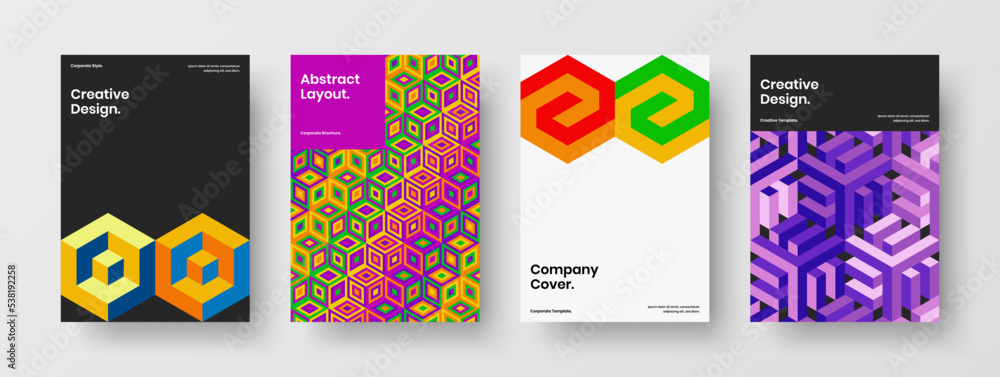 Unique mosaic shapes leaflet template composition. Abstract booklet A4 vector design illustration bundle.