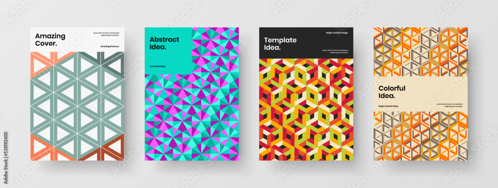 Vivid geometric pattern leaflet concept collection. Creative catalog cover design vector illustration set. Vivid geometric pattern leaflet concept collection. Creative catalog cover design vector illustration set.