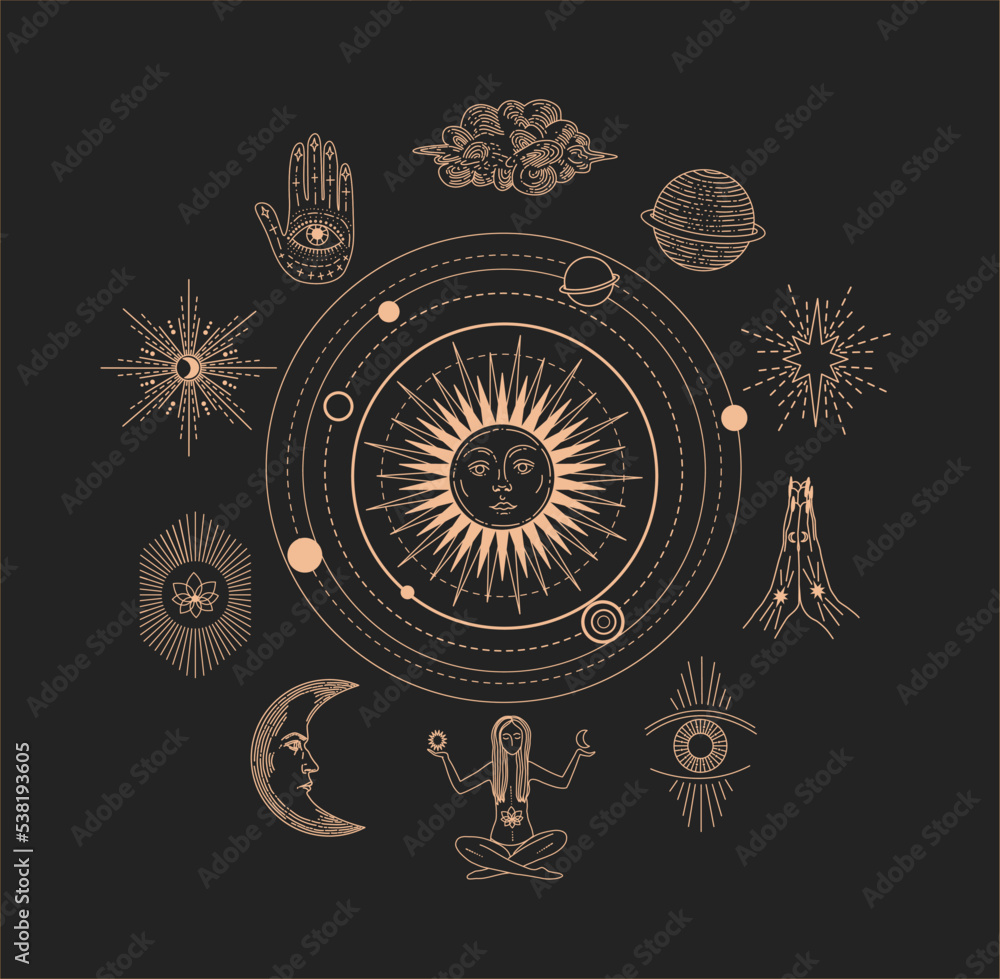 Set of linear vector illustrations. Hand drawn celestial illustrations depicting the sun, moon, planet, clouds. decoration in modern style. magical drawings. Sun with a human face Set of linear vector illustrations. Hand drawn celestial illustrations depicting the sun, moon, planet, clouds. decoration in modern style. magical drawings. Sun with a human face