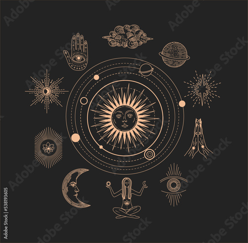 Set of linear vector illustrations. Hand drawn celestial illustrations depicting the sun, moon, planet, clouds. decoration in modern style. magical drawings. Sun with a human face