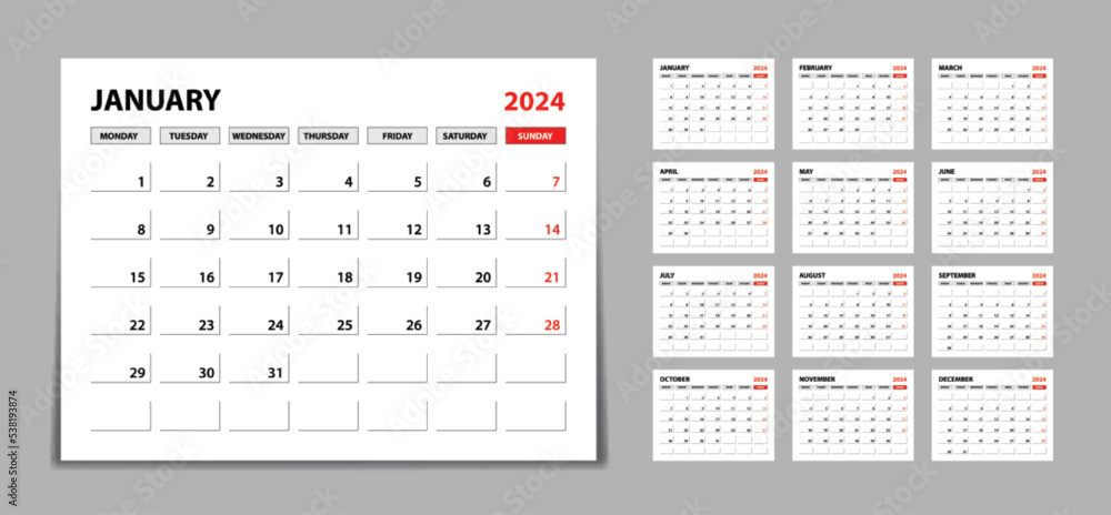 Desk calendar 2024 Set, Monthly calendar template for 2024 year. Week Starts on Monday. Wall calendar 2024 in a minimalist style, Set of 12 months, Planner, printing template, office organizer vector Desk calendar 2024 Set, Monthly calendar template for 2024 year. Week Starts on Monday. Wall calendar 2024 in a minimalist style, Set of 12 months, Planner, printing template, office organizer vector