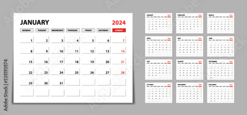 Desk calendar 2024 Set, Monthly calendar template for 2024 year. Week Starts on Monday. Wall calendar 2024 in a minimalist style, Set of 12 months, Planner, printing template, office organizer vector
