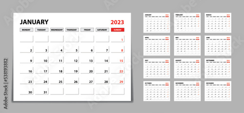 Desk calendar 2023 Set, Monthly calendar template for 2023 year. Week Starts on Monday. Wall calendar 2023 in a minimalist style, Set of 12 months, Planner, printing template, office organizer vector