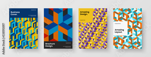 Fresh mosaic hexagons booklet illustration set. Premium flyer A4 design vector layout collection.
