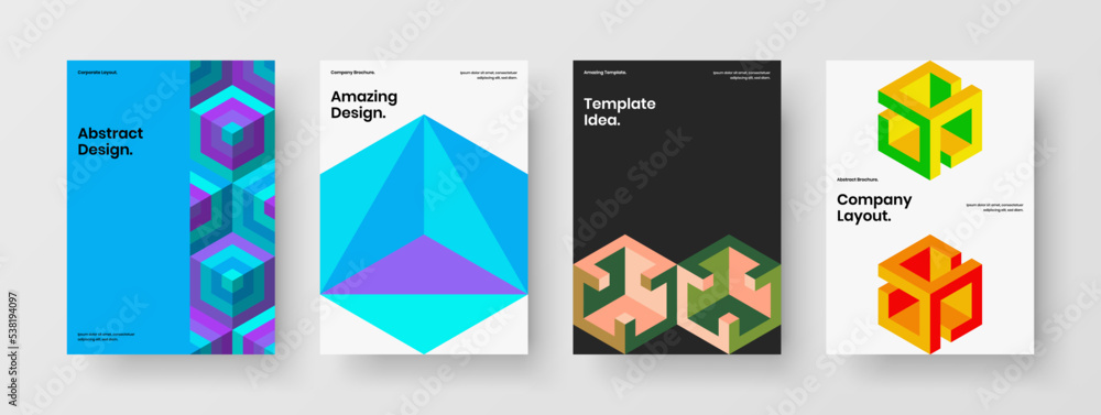 Modern mosaic hexagons poster illustration collection. Fresh postcard A4 vector design template set.