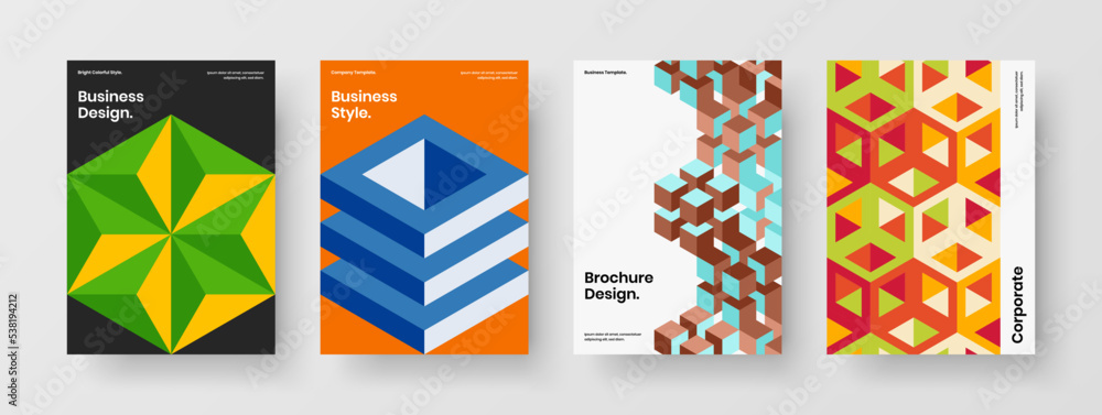Creative placard A4 design vector illustration bundle. Bright mosaic shapes corporate identity concept set.