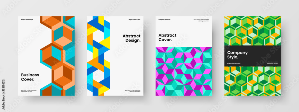 Isolated annual report A4 design vector concept bundle. Creative geometric pattern company identity template composition.