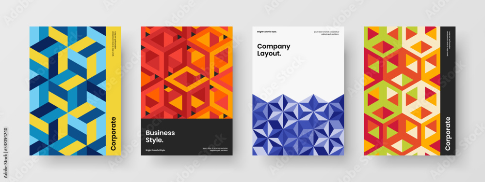 Vivid mosaic shapes journal cover layout collection. Bright corporate brochure A4 vector design template composition. Vivid mosaic shapes journal cover layout collection. Bright corporate brochure A4 vector design template composition.