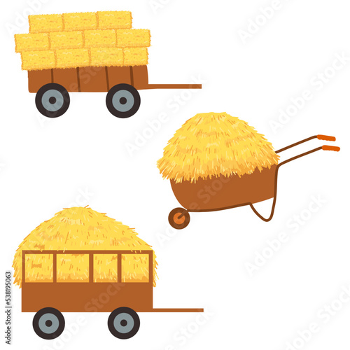 Agricultural haycock in the trailer and wheelbarrow in cartoon flat style, rural hay rolled stack, dried farm haystack. Vector illustration of fodder straw