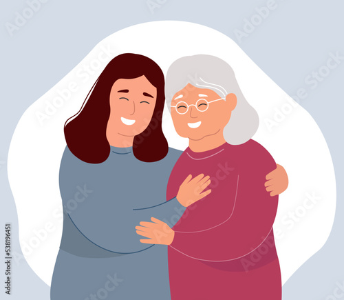 An elderly mother and daughter. Two women embrace. The concept of maternal love, caring for the old. Vector graphics.