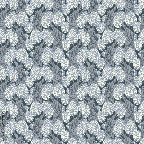 Seamless pattern with old deciduous trees. Vector background with dense forest in a flat cartoon style. Stylised trees with lush foliage and hollows on thick trunks.