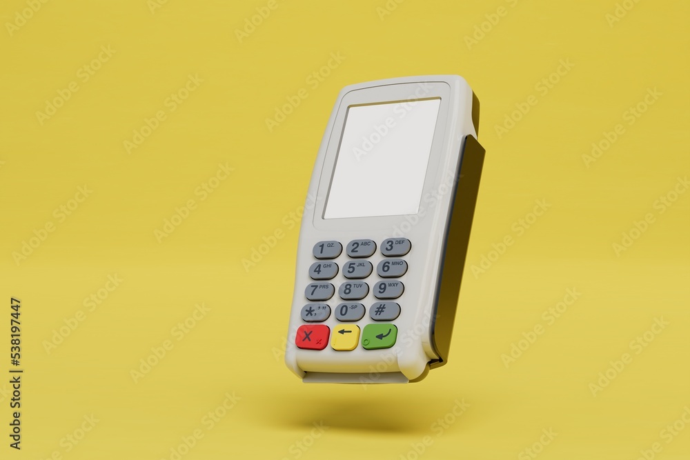 banking operations through the terminal. terminal for payment by credit card on a yellow background. 3D render banking operations through the terminal. terminal for payment by credit card on a yellow background. 3D render