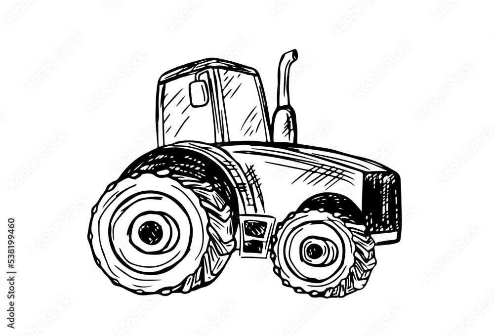 Obraz premium Tractor hand draw vector illustration on white background