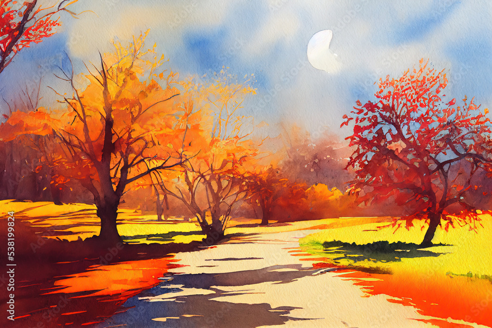 Autumn watercolor landscape, colorful vibrant atmospheric background, road between trees, 3d illustration