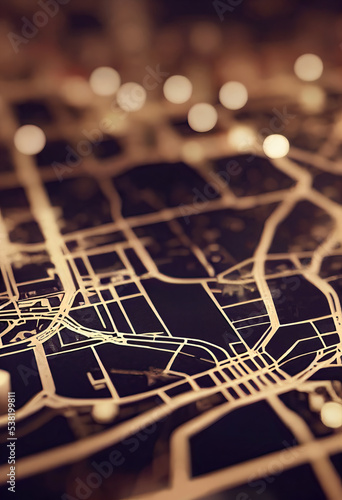 Abstract bokeh illustration of a golden intricate minimal map of a city. A futuristic visual tech adventure, discovery, navigation, communication, logistics, geography, transport and travel theme conc