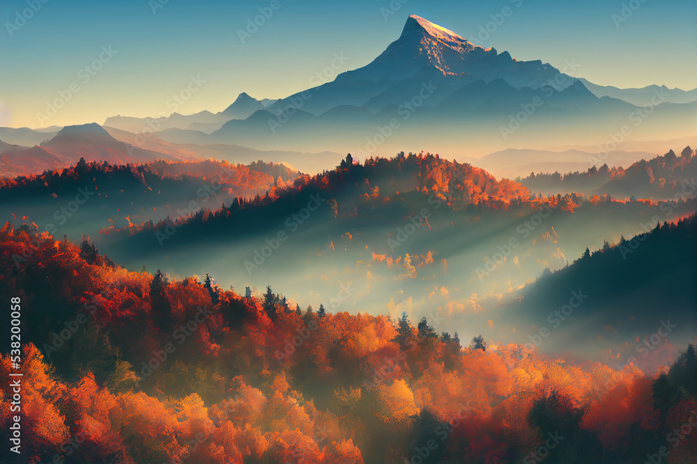 Digital illustration of mountains in the morning, autumn colors, 3d landscape, atmospheric, 3d illustration