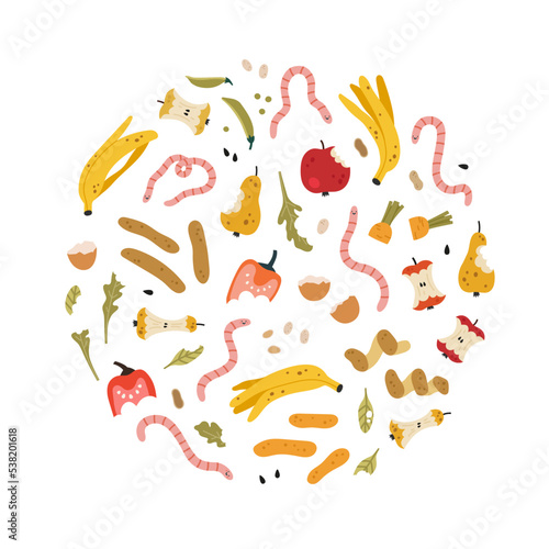Set of organic garbage, and worms. Waste of fruits, vegetables, grains, and nuts. Ecological recycling, responsible consumption. Organic waste for domestic composting.