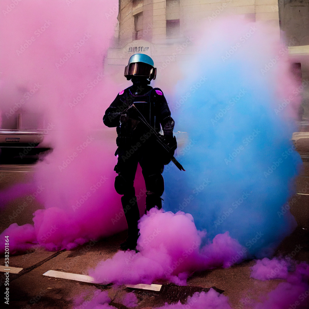Obraz premium Riot police man standing in between pink and blue smoke bombs