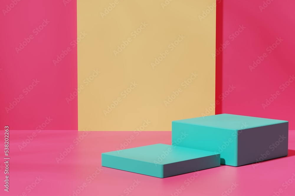 Two green square podiums on a red and yellow background, 3d render Two green square podiums on a red and yellow background, 3d render