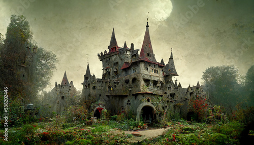 scary castle full of pumpkins on a halloween night children's illustration