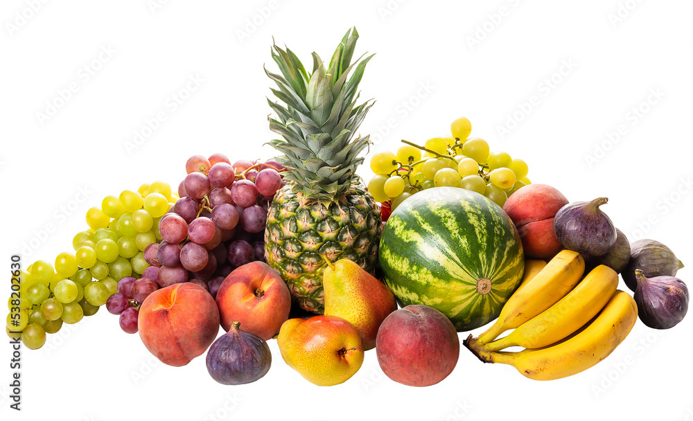 PNG.  Tropical fruits pineapple, watermelon, grapes, peaches, pears, figs, tangerines, bananas  - obrazy, fototapety, plakaty 