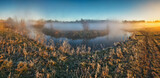 Fog over the river in the early morning on an autumn day. Nature of Ukraine